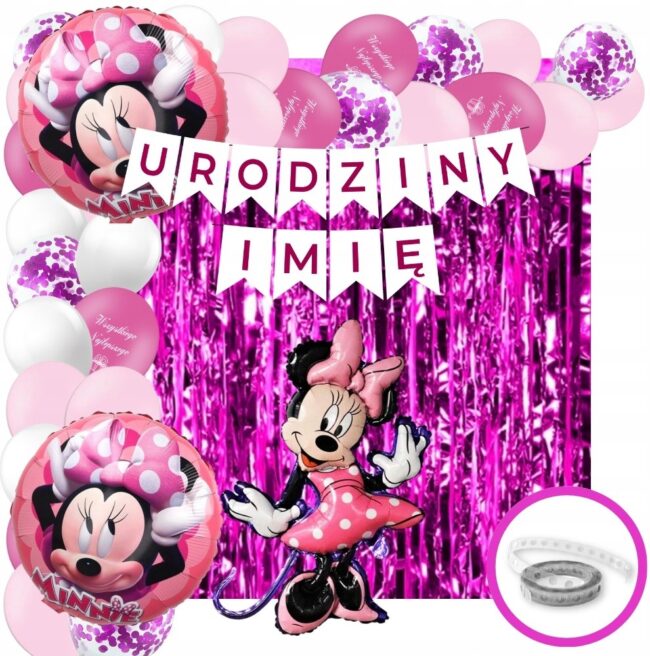 Zestaw Balony Myszka Minnie Urodziny + imię