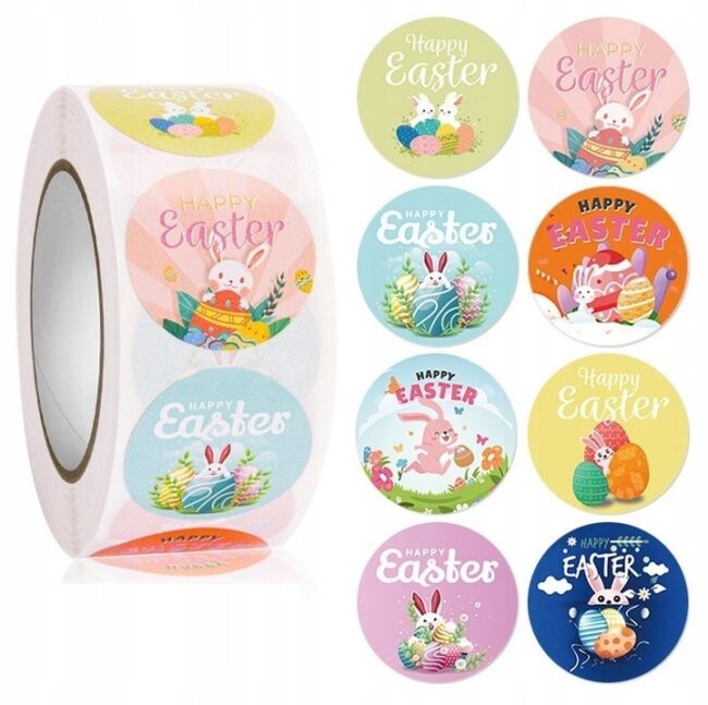 Naklejki na Rolce Zajączek Happy Easter Mix 500 sztuk Wielkanoc WLK-075