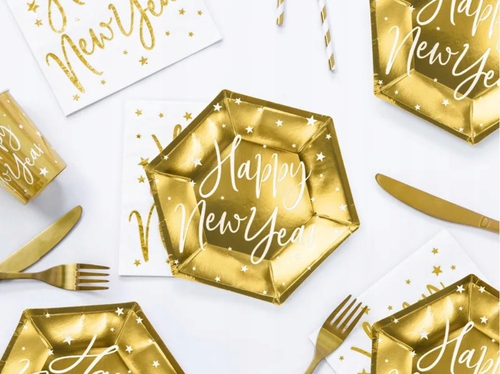 Talerzyki złote Happy New Year 6 sztuk Sylwester