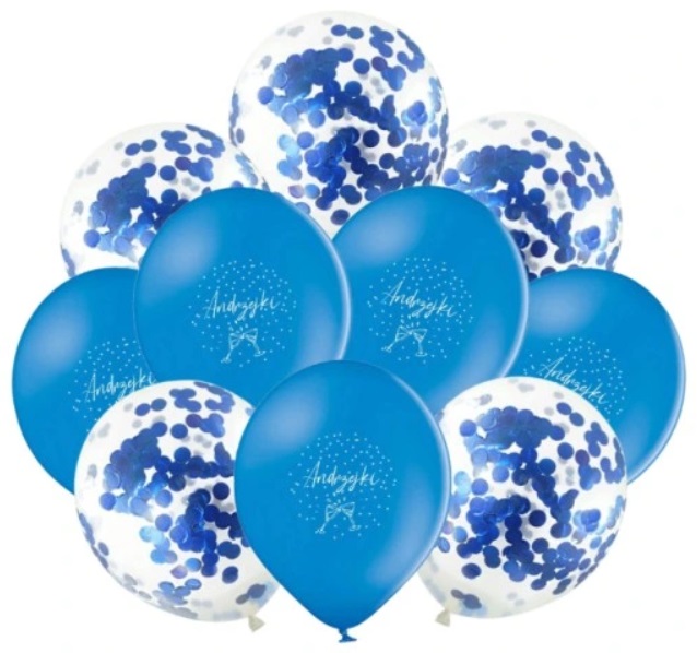 Balony niebieskie na Andrzejki Mix z niebieskim konfetti 10 sztuk