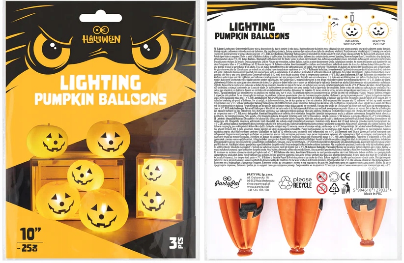 Balony lateksowe pomarańczowe ŚWIECĄCA DYNIA LED Halloween 3 sztuki HAL-147 - obrazek 3