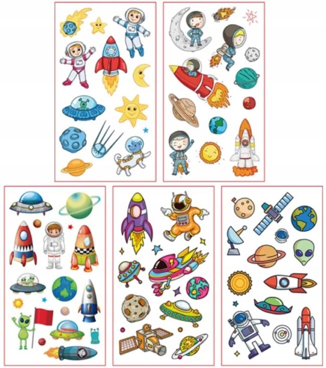 Tatuaże zmywalne 5x KOSMOS ASTRONAUTA 5 arkuszy dla dzieci Urodziny KOSM-02