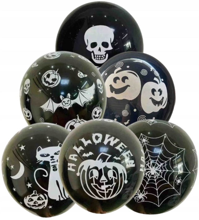 Balony lateksowe czarne na Halloween Mix 6 sztuk Kościotrup Dynia HAL-140