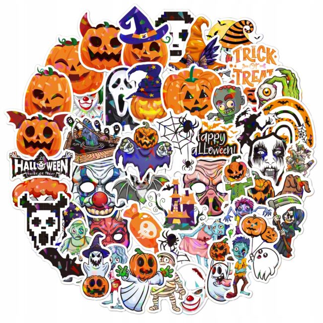 Naklejki Kolorowe Halloween Dynia Mix 50 sztuk Dekoracje HAL-158
