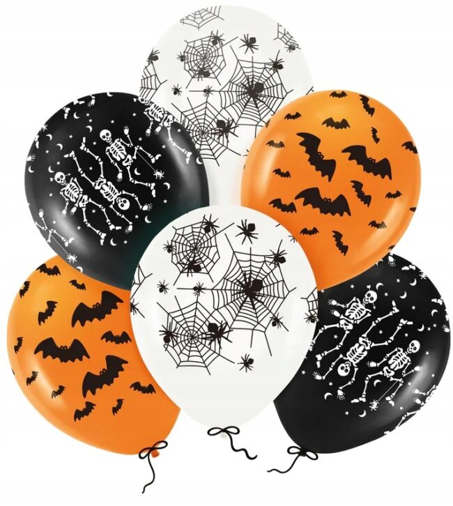 Balony lateksowe na Halloween pajęczyna kościotrup Mix 6 sztuk HAL-137