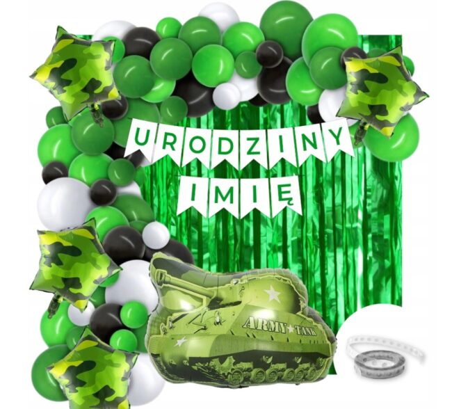 Zestaw Balony Baner MORO Wojsko Czołg Urodziny + Imię Kurtyna Dekoracje