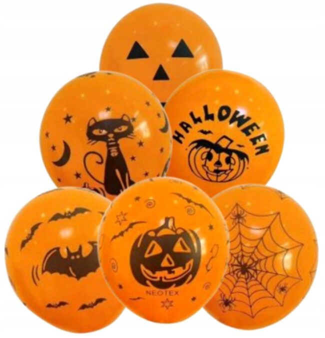 Balony lateksowe pomarańczowe na Halloween Mix 6 sztuk Kot Dynia HAL-141