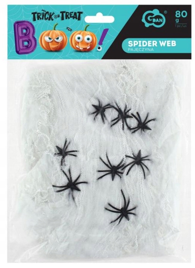 Pajęczyna biała Sieć 80 g Halloween Dekoracja 8 pająków PAJĄKI HAL-032