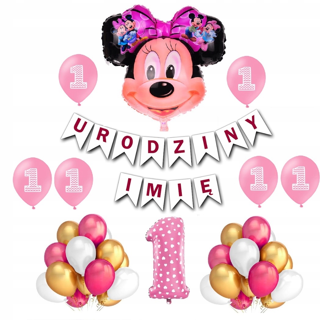 Zestaw Balony Roczek 1 Urodziny Myszka Minnie