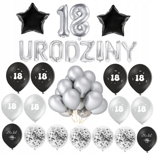 18 Urodziny Osiemnastka Balony Zestaw Srebrny