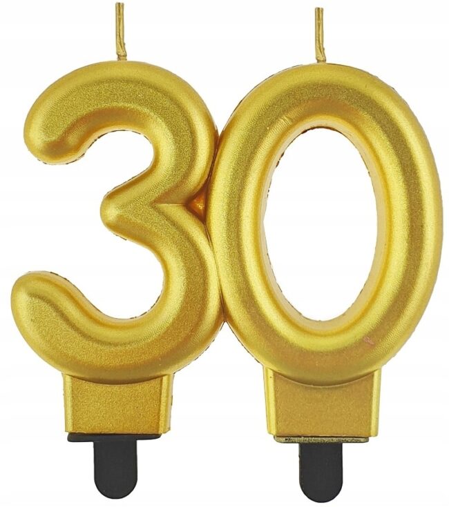 Świeczka 30 na trzydzieste urodziny Trzydziestka Złota Metaliczna 8 cm