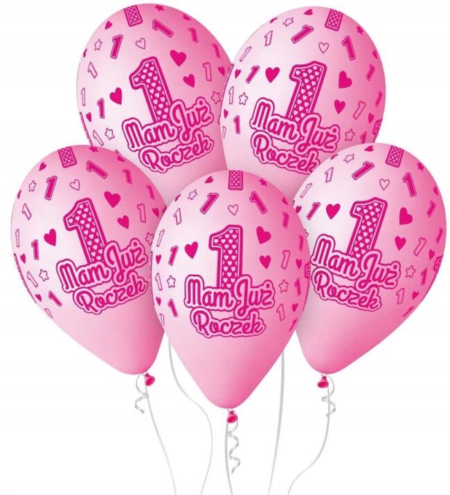Balony lateksowe różowe Mam Już Roczek 1 Urodziny 5 sztuk