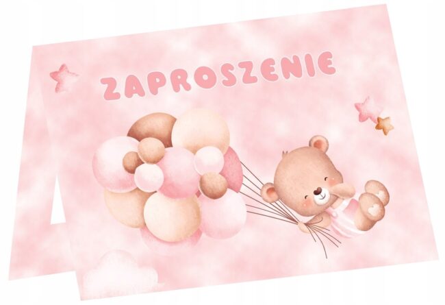 Zaproszenia różowe Misie z balonikami 6 sztuk