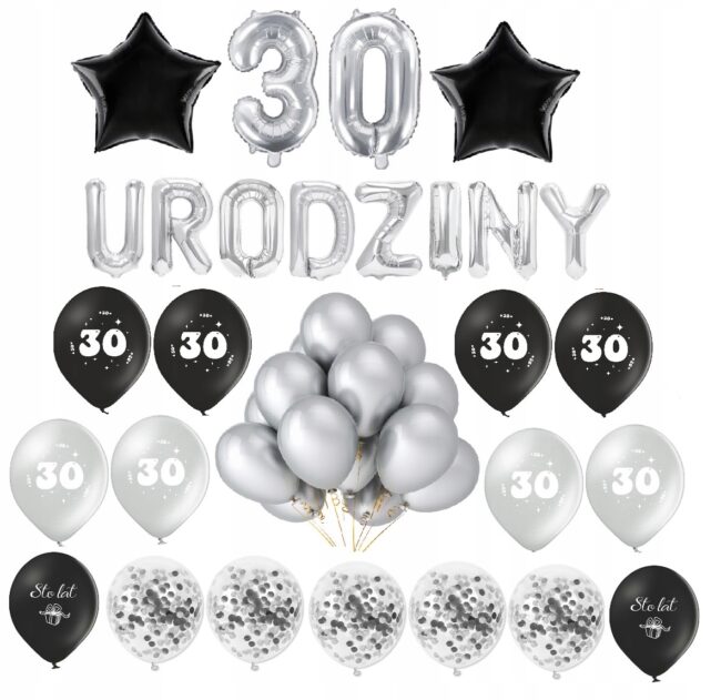 srebrny zestaw balonów na 30 urodziny