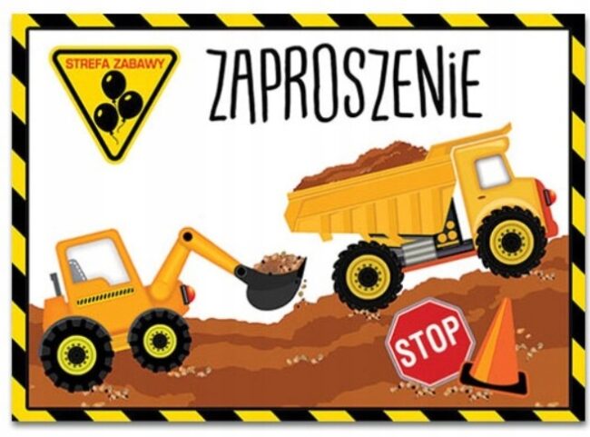 Zaproszenia na urodziny Koparka Budowa 10 sztuk