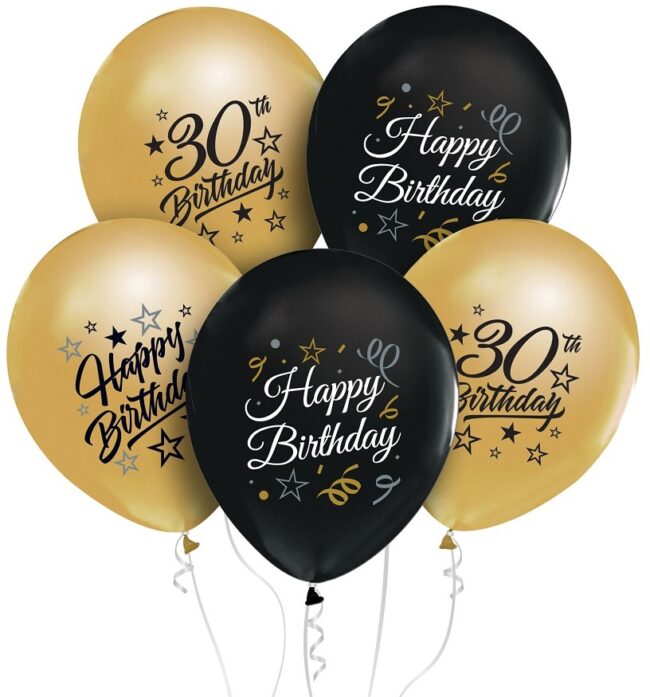 Balony na 30 urodziny czarno złote 5 sztuk