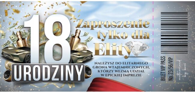 Zaproszenia na 18 Urodziny Bilet Osiemnastka + koperta 10 sztuk