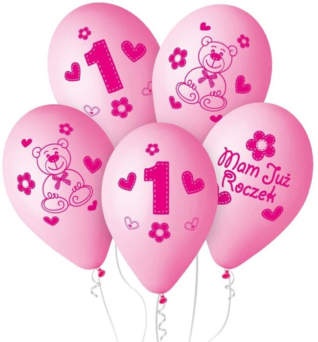 Balony lateksowe różowe Moje 1 Urodziny Roczek 5 sztuk