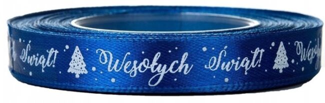 Wstążka Tasiemka satynowa Wesołych Świąt 12mm/22m Niebieska Chaber BNAR-230