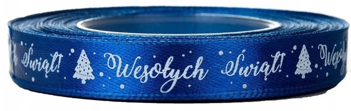 Wstążka Tasiemka satynowa Wesołych Świąt 12mm/22m Niebieska Chaber BNAR-230