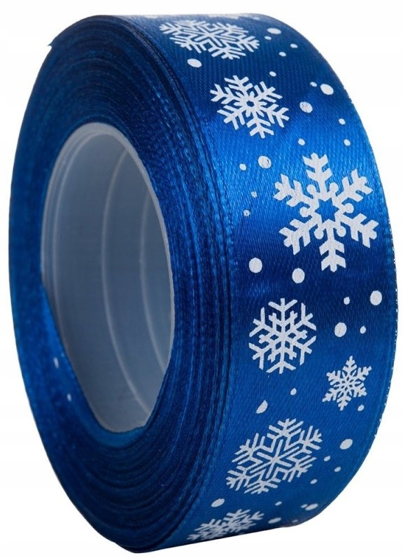 Wstążka Tasiemka satynowa 25mm/22m Niebieska w Śnieżynki święta BNAR-235