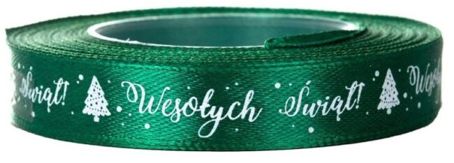 Wstążka Tasiemka satynowa Wesołych Świąt 12mm/22m Zieleń Zielona BNAR-231