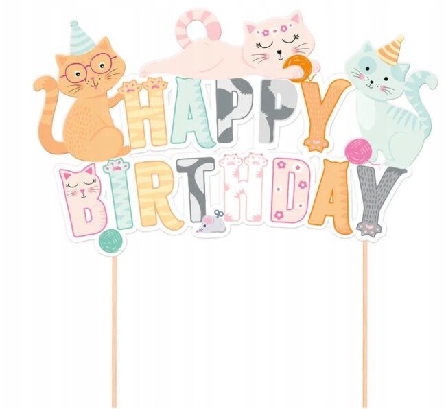 Topper na tort HAPPY BIRTHDAY Kot Koty Kotki Kotek Urodziny