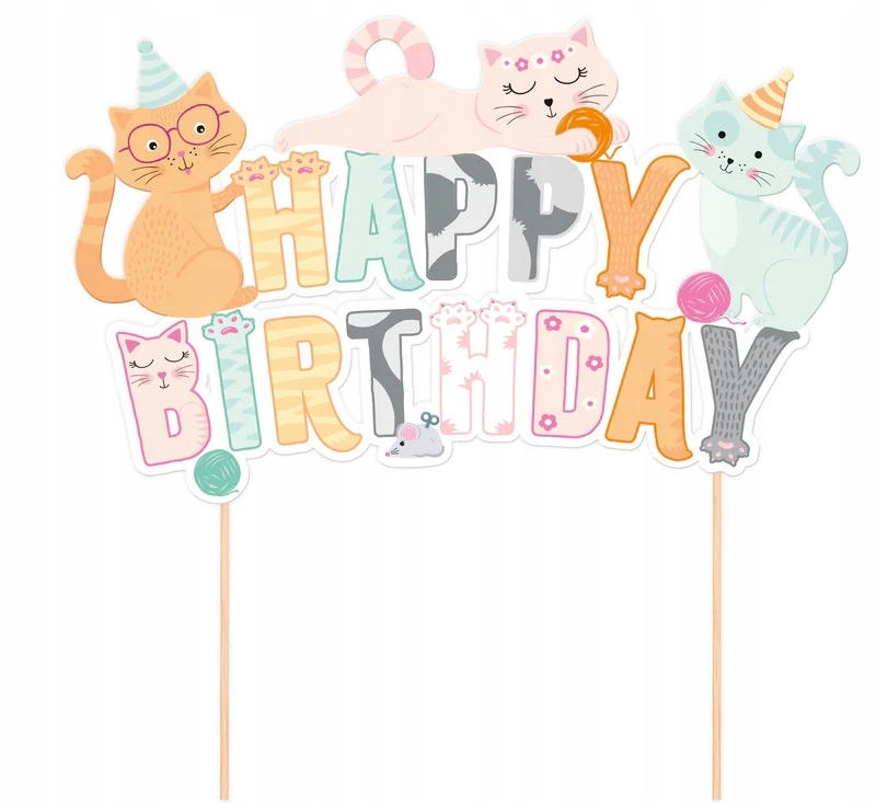 Topper na tort HAPPY BIRTHDAY Kot Koty Kotki Kotek Urodziny