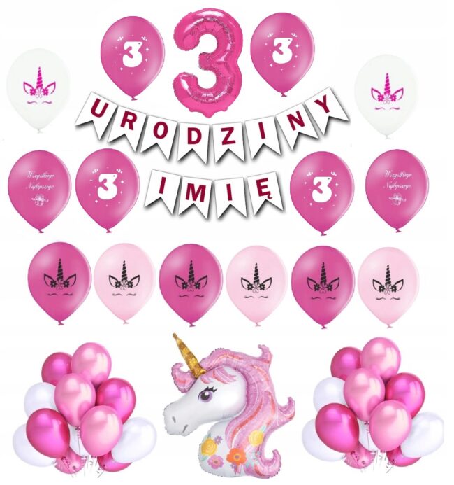 Zestaw Balony 3 Trzecie Urodziny Jednorożec Różowy