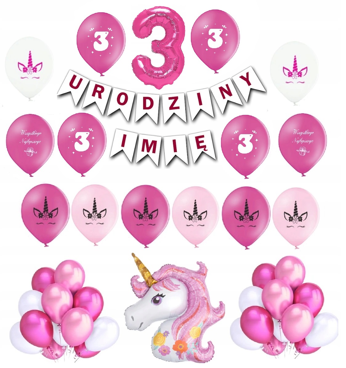 Zestaw Balony 3 Trzecie Urodziny Jednorożec Różowy