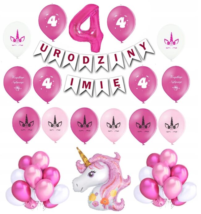 Zestaw Balony 4 Czwarte Urodziny Jednorożec Różowy