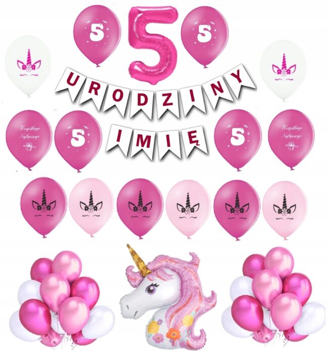 Zestaw Balony 5 Piąte Urodziny Jednorożec Różowy