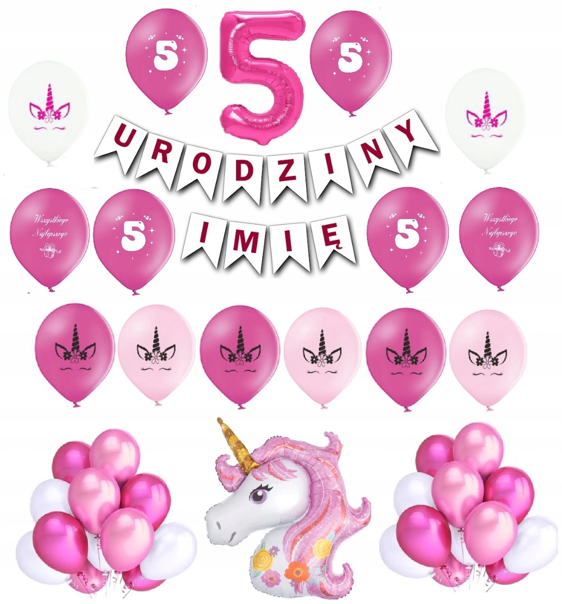 Zestaw Balony 5 Piąte Urodziny Jednorożec Różowy