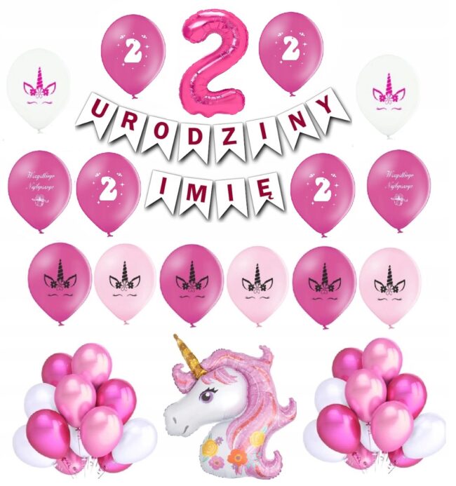 Zestaw Balony 2 Drugie Urodziny Jednorożec Różowy