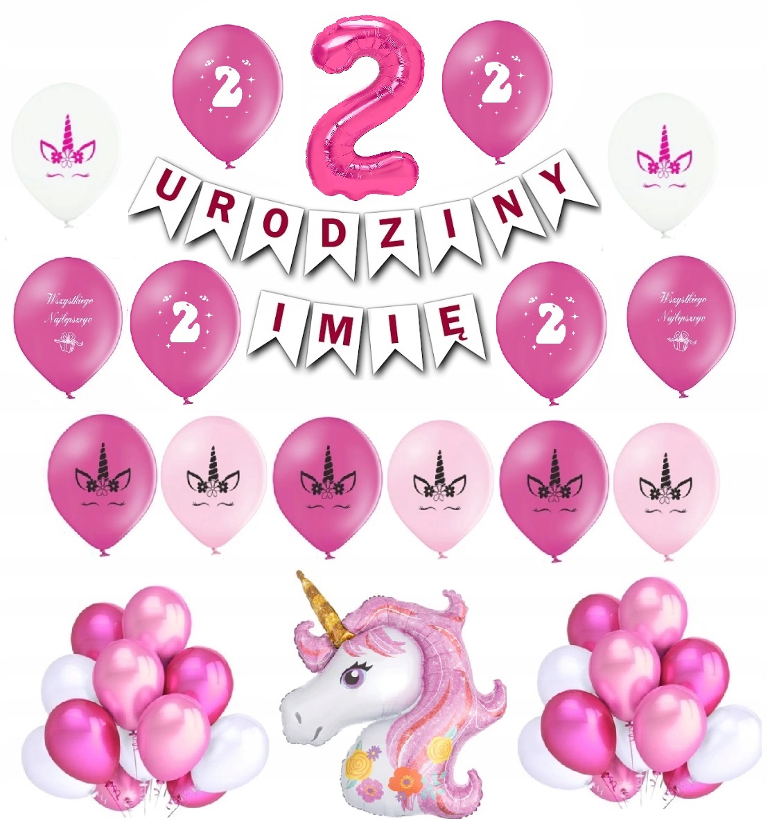 Zestaw Balony 2 Drugie Urodziny Jednorożec Różowy