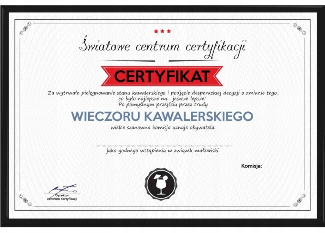 Certyfikat Przyszły Pan Młody Wieczór Kawalerski + Antyrama