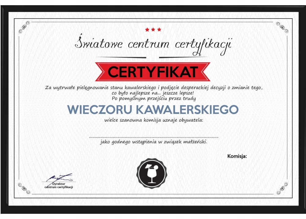 Certyfikat Przyszły Pan Młody Wieczór Kawalerski + Antyrama