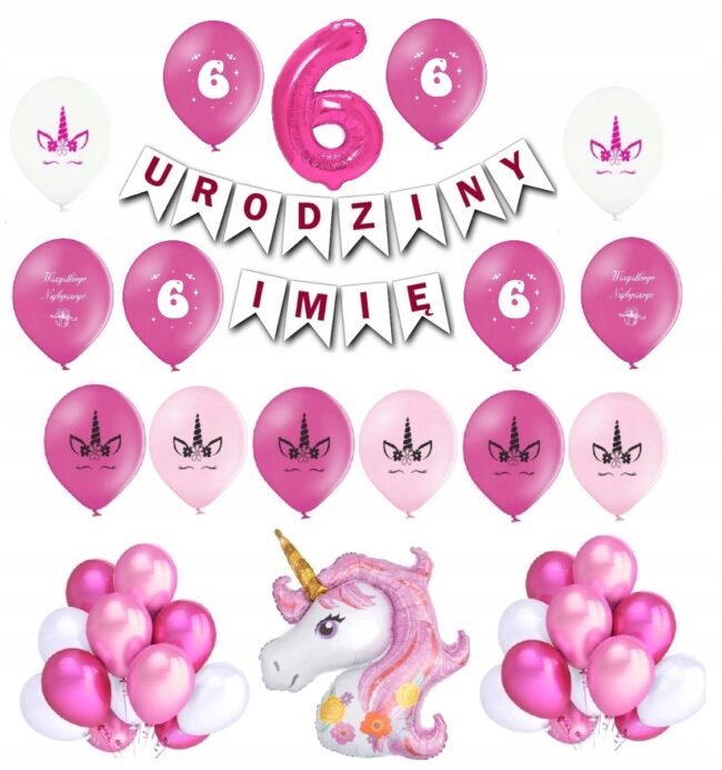 Zestaw Balony 6 Szóste Urodziny Jednorożec Różowy
