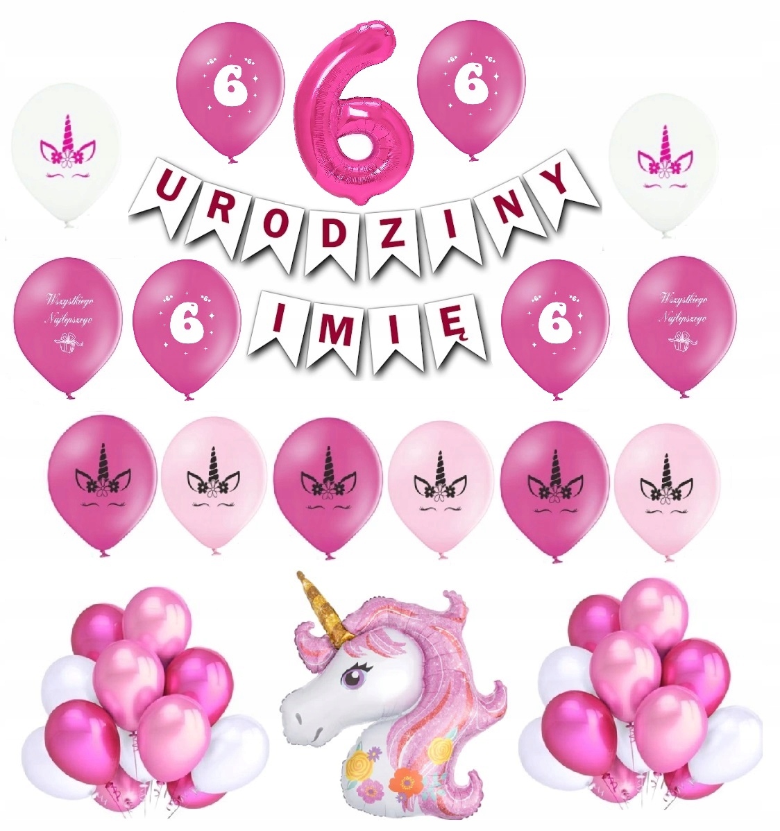 Zestaw Balony 6 Szóste Urodziny Jednorożec Różowy