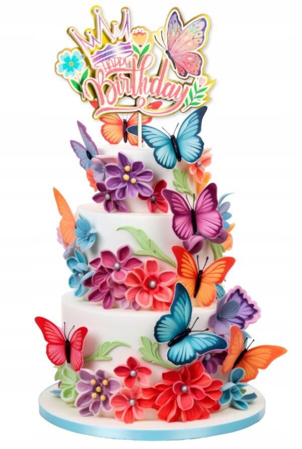 Topepr na tort Happy Birthday Motylki Motyle 23 cm Urodziny - obrazek 2