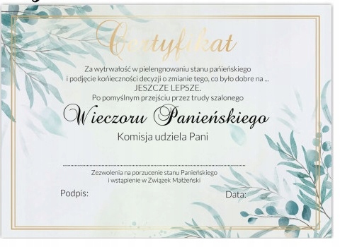 certyfikat panny młodej floral liście
