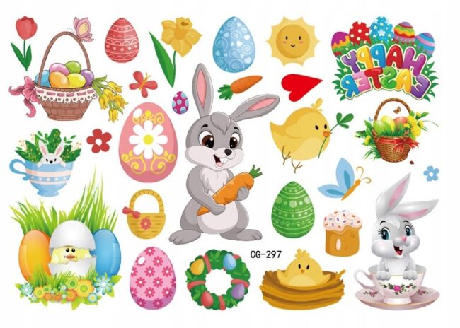 Tatuaże zmywalne WIELKANOC Pisanki Zajączek Mix wzorów WLK-095