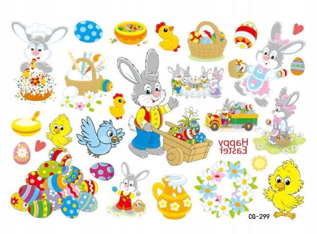 Tatuaże zmywalne WIELKANOC Pisanki Zajączek Mix wzorów WLK-098