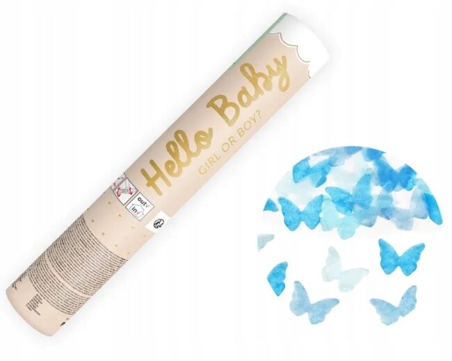 Tuba Boy strzelająca niebieskimi motylkami 20 cm Baby Shower