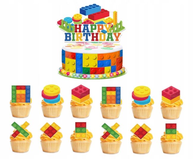 Topper na tort HAPPY BIRTHDAY + pikery na babeczki KLOCKI 13 sztuk Urodziny