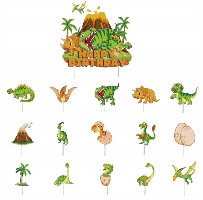 Topper na tort Happy Birthday + pikery na babeczki Dinozaury 16 sztuk