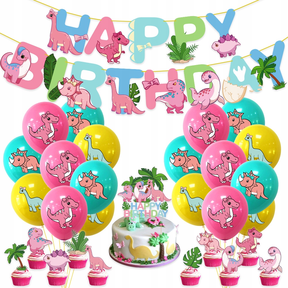 Zestaw urodzinowy Dinozaur DINOZAURY różowy Balony Baner Dekoracje - obrazek 6