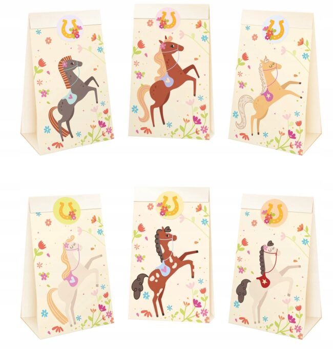 Torebki papierowe na cukierki Koń Konie Konik mix 6 sztuk Urodziny