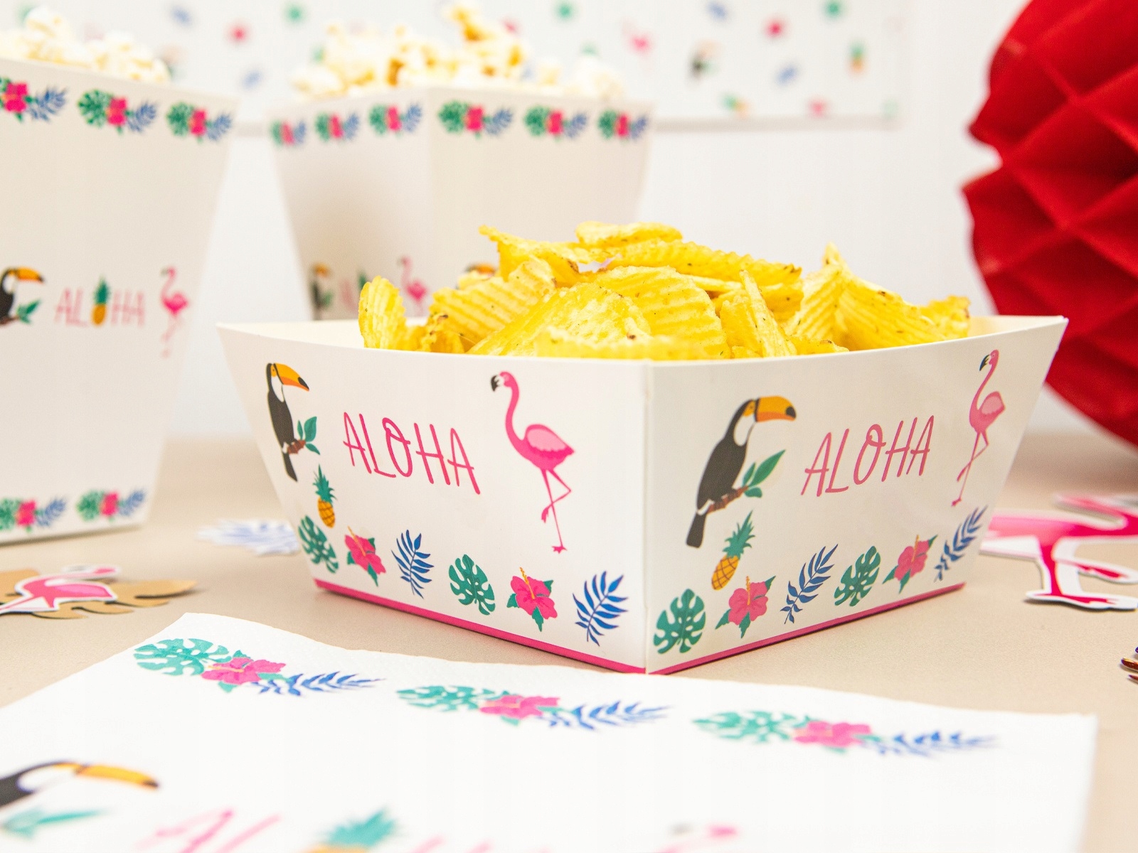 Pudełka papierowe na chipsy Aloha Hawajskie Party 4 sztuki Urodziny A5 - obrazek 3