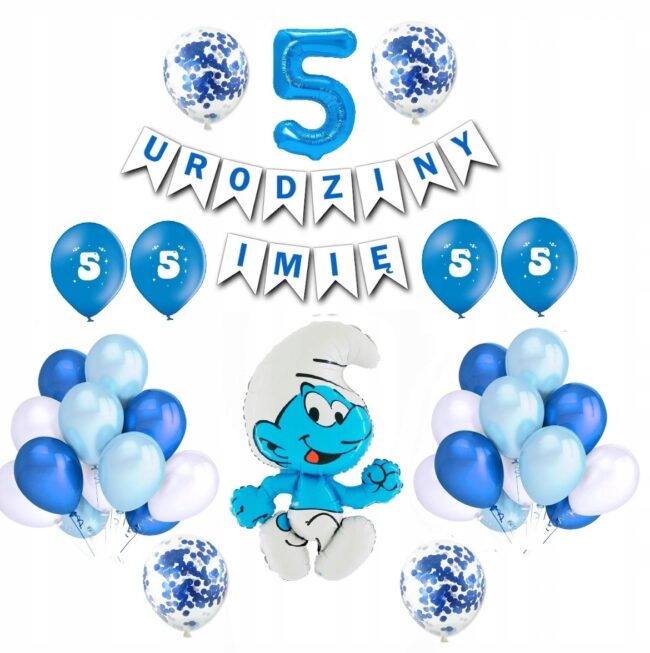 Zestaw Balony Dekoracje Smerfy 5 Urodziny + Imię